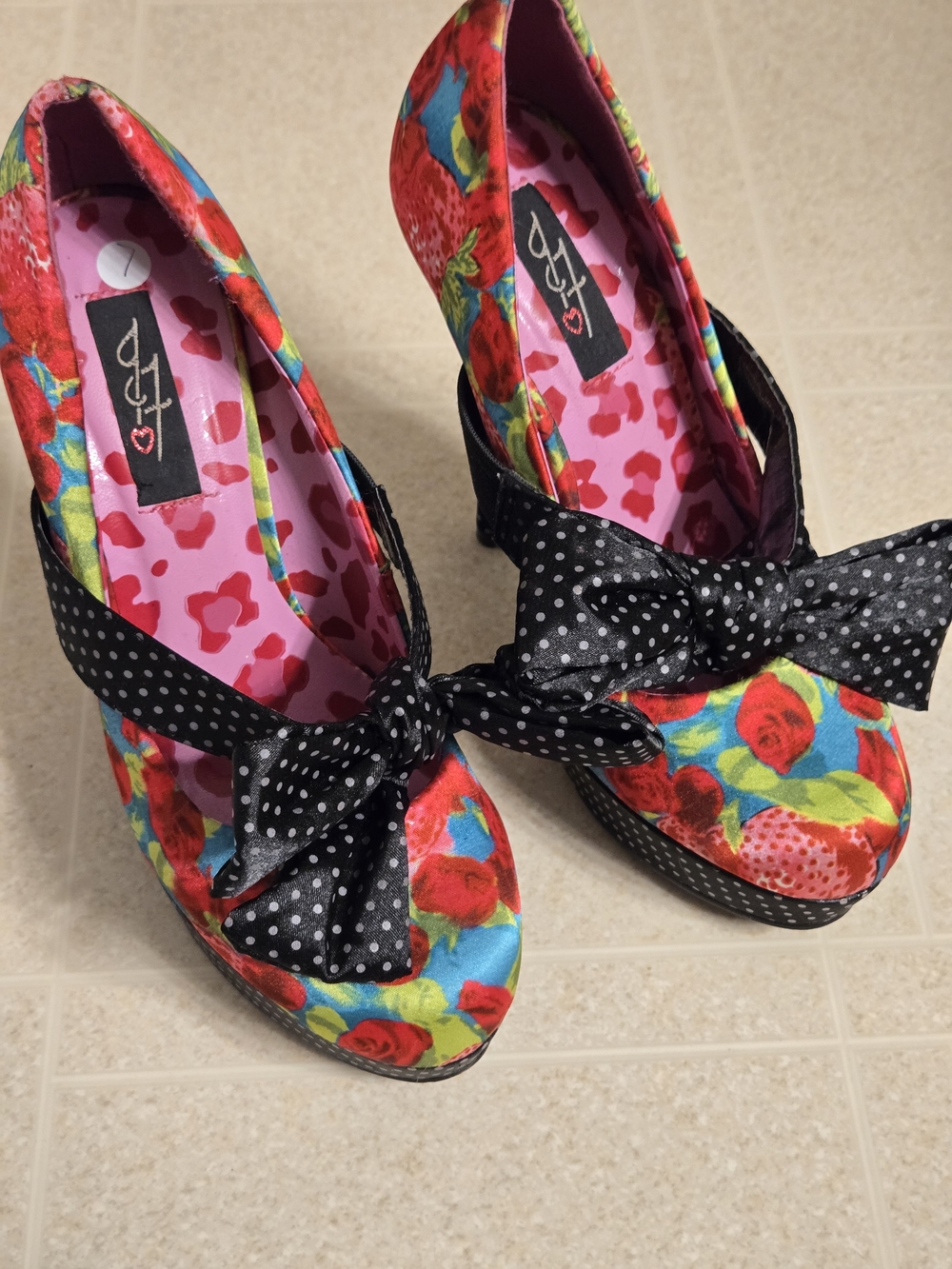 Iron Fist Floral Red Platform Pumps with Black Polka Dot Bow